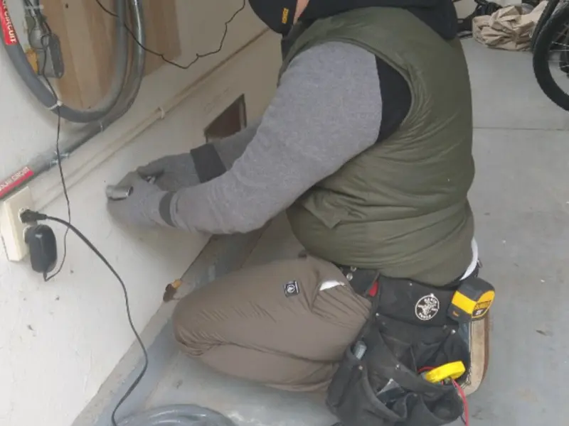 Electrician performing outlet wiring in a Caledonia garage